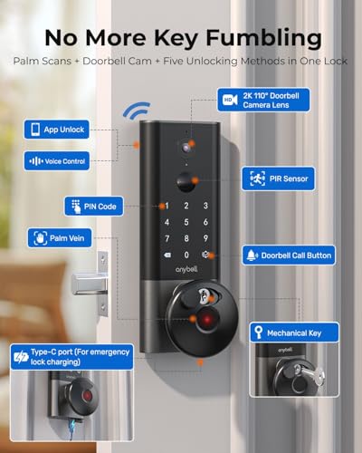 Palm Vein Smart Lock with 2K Security Camera & Video Doorbell, Anybell Keyless Entry Wi-Fi Deadbolt for Front Door, AI Local Storage, Auto Lock, App Remote Control, Home Security - color: Black-Palm Vein