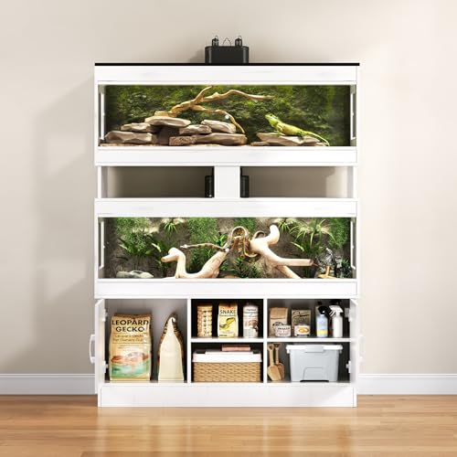Dual 60 Gallon Reptile Tank with Stand,Reptile Enclosure | Bearded Dragon Tank,Reptile Terrarium with Cabinet,Sliding Doors,Power Outlet for Snakes,Lizards,Crested White CAGE003E - color: Vintage White, size: 60 Gallon+60 Gallon