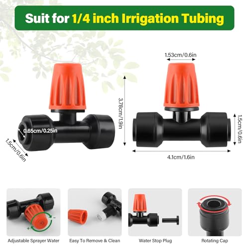 Kalolary 30Pcs Push-to-Fit Drip Irrigation Spray Emitters for 1/4" Tubing | Three-Way Adjustable Atomizing Nozzle Micro Irrigation Dripper Sprinklers with 6PCS End Plugs for Irrigation System(Orange) - size: 1/4” Push-to-Connect Tee- Misting- 30P Orange