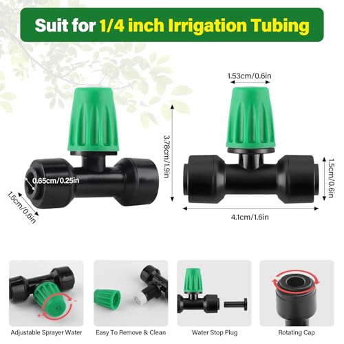 Kalolary 30Pcs Push-to-Fit Drip Irrigation Spray Emitters for 1/4" Tubing | Three-Way Adjustable Atomizing Nozzle Micro Irrigation Dripper Sprinklers with 6PCS End Plugs for Irrigation System(Green) - size: 1/4” Push-to-Connect Tee- Misting- 30P Green