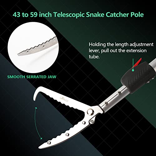 Snake Catcher Tongs Grabber Rattle Heavy Duty | with 43 inch to 59 inch Telescopic Pole