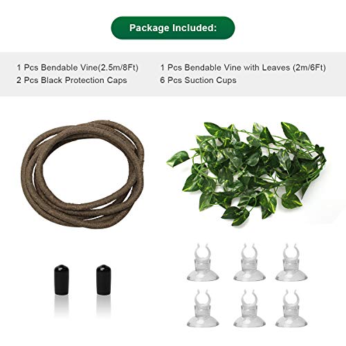 Coolrunner 8FT Reptile Vines and Flexible Reptile Leaves | with Suction Cups Jungle Climber Long Vines Habitat Decor for Climbing, Chameleon, Lizards, Gecko