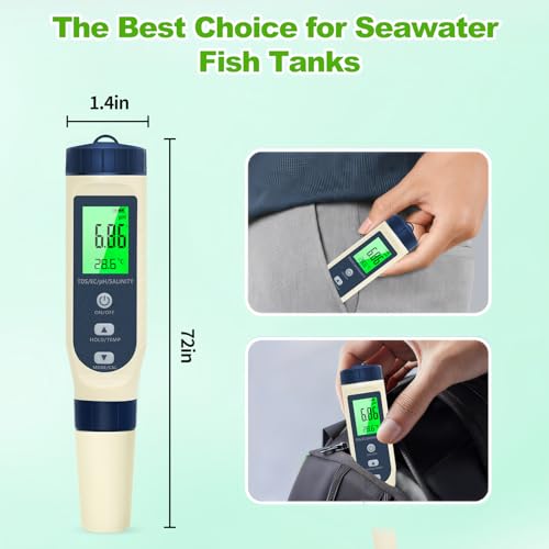 Pious PH Tester Digital, 5 in 1 PH Meter for Water/Salinity Meter/tds/ec/Thermometer, Pool Salt Tester with Constant Temperature Compensation, Suitable for Drinking Water Swimming Pools Aquariums