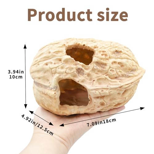 Reptile & Amphibian Habitat Hideouts, Resin Walnut - 7.09 × 4.92 × 3.94 inch Realistic Large Walnut Shape Habitat Decor, 2-Entrance Safe Hide for Leopard Gecko Bearded Dragon Snake