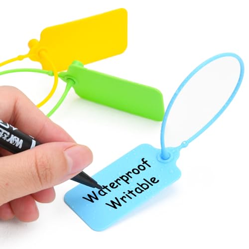 100 Blank Plastic Tags for Labeling Waterproof Hanging Labels Writable Tags Seal Plastic Marking Label for Clothes Bags Keys Inventory with One Marker Pen (Mixed 5 Color) - color: Mixed 5 Color, size: 100 PCS
