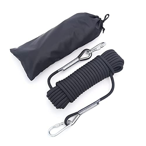 10mm/12mm (32FT/64FT) Climbing Rope, Outdoor Static Rock Climbing Rope, Tree Climbing Rappelling Rope, Escape Nylon Rope, Ice Climbing Equipment Fire Rescue Parachute Rope with 2 Steel Hooks - color: Black, size: 10mm/32ft