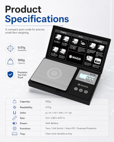 Digital Pocket Gram Scale 500g x 0.01g High Precision with Tray | Weighs Small Food, Jewelry, Ounces, Grains, LCD Display, Tare Function - color: Black