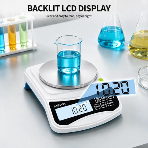 MEIYA Digital Lab Scale, 1000g by 0.01g Gram Scale Accuracy, Multi-Function High Precision Electronic Scale (Includes 100g Weight and 2 x AAA Batteries) Balance Scale Approved by EU CE and US FCC