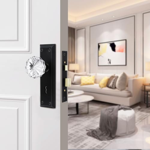 Mortise Lock Set for Interior Door with Crystal Glass Door Knobs | Matte Black, Vintage Door Knobs with Lock and Antique Skeleton Key Replacement Old Style Door, 2-3/8" Backset - color: Matte Black, size: 1 Pack Mortise Lock