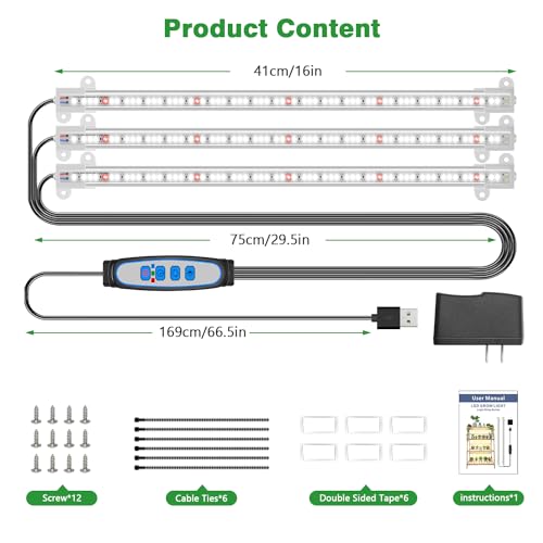 Wiaxulay LED Plant Grow Light Strips, 6000K White Grow Lights for Indoor Plants Full Spectrum, 3 Bars/16 in Grow Lamp with 6/12/16 Hrs Timer, 5 Brightness for Green House, Hydroponics, Seed Starting | 3 Bars 1 Pack, 6000K Growing Lamp with 3 Lighting Mode