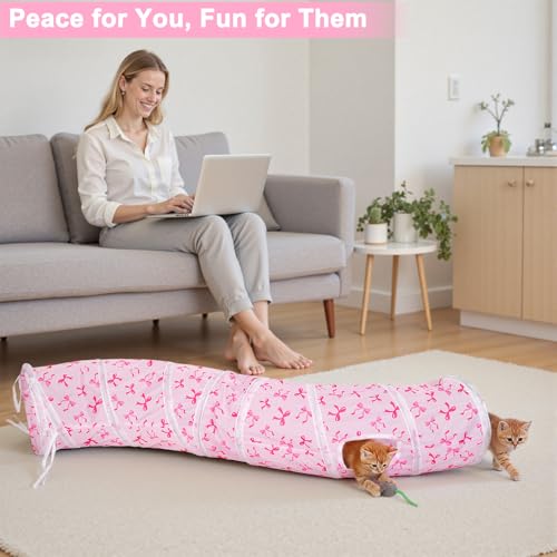 Glittme S-Shape Cat Tunnel, Foldable Cat Tunnels for Indoor Cats | Interactive Bunny Tunnel And Cat Tubes With Crinkle Sounds. Ideal For Kittens, Ferrets And Small Pets To Hide, Play Or Rest - color: Pink Bow