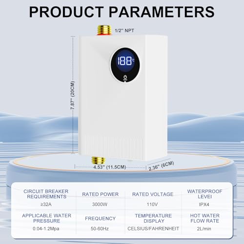 110V Tankless Water Heater Electric, YIHUIBF 3000W Tankless Electric Water Heater Instant, Under Sink Water Heater with Digital Display, On Demand Hot Water Heaters Electric for Kitchen Washin