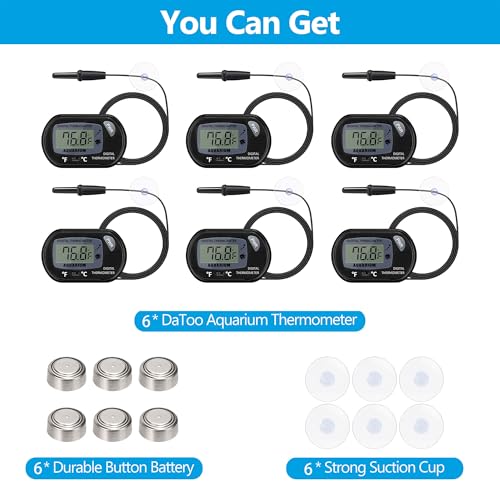 DaToo Aquarium Thermometer with Large LCD Display Fahrenheit/Celsius(℉/℃) Fish Tank Thermometer for Aquarium Reptile Terrarium Digital Water Thermometer with Suction Cup(6 Pack) - size: 6 Pack