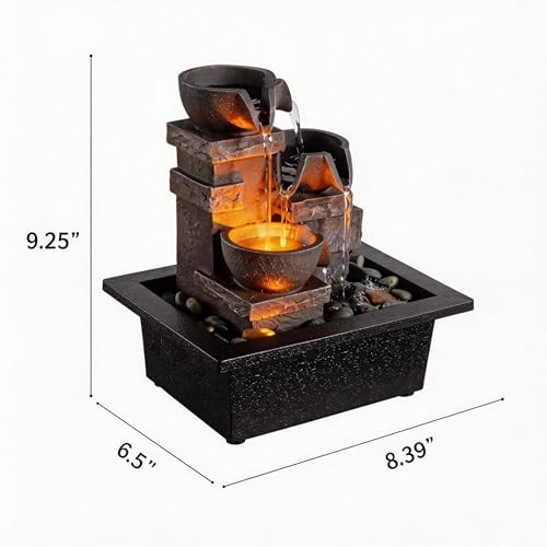 MAOCHI Indoor Fountain 3-Bowl Rockery Soothing Sound Tabletop Fountains Home/Office Decor with Natural River Rocks LED Lights Automatic Watering Pump(22044A) - color: 3-bowl Rockery