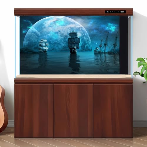 Ocean Blue Planet Aquarium Background Splendid Aurora Deep Sea Sailing Ships Fish Tank Background Night View Seascape Ancient Adventure Pirate Ship Terrarium Backgrounds for Home Tank Decors 24x16in - color: Foggy Blue, size: 24(W)x16(H)inches/ 60(W)*40cm