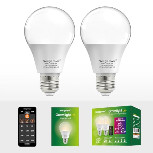 Smart Grow Light Bulbs for Indoor Plants, Programmable Timer and Dim | Full Spectrum Plant Grow Bulbs, Dimmable, 9W, E26/27, 4500K, Remote Control, Sun Mimics Mode, Daily Auto On/Off, 2Pack - size: 2 Pack
