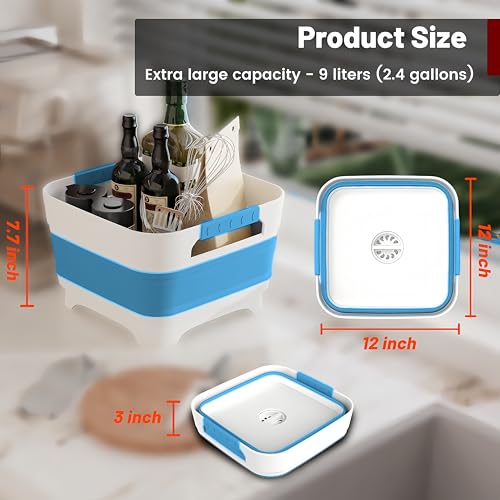 MontNorth 2.4 Gal Collapsbile Wash Basin with Drian Plug,9L Dish Pan for Soaking Baby Bottles,Portable Sink, Multiuse Foldable Bucket,Ice Beverage Tubs for Camping, Vegetable Washing, RV (Blue) - color: Blue