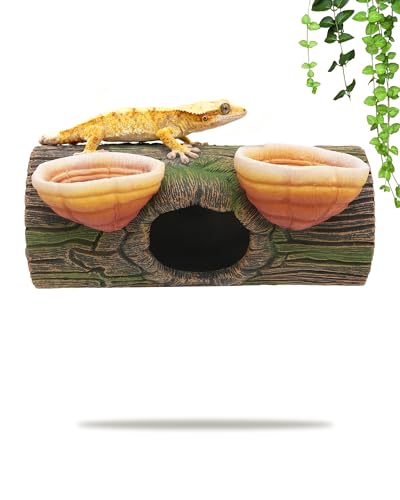 2 in 1 Magnetic Crested Gecko Hide, Reptile Hideout & Water Dish Food Bowl, Resin Hollow Log Cave, Reptile & Amphibian Habitat Hideouts