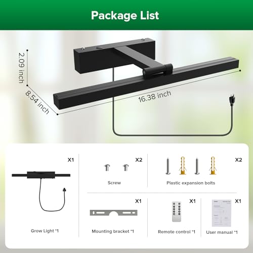 SANSI Wall Mounted Grow Lights for Indoor Plants, 35W LED Plant Lights | Full Spectrum Plant Lights for Indoor Growing, 4-Level Dimmable 4000K Grow Lamp, 4/8/12H Remote Timer