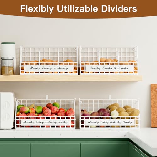 Egg Basket, Stackable Wall Mount Egg Holder Countertop with Weekday Labels | Rustproof carbon steel basket with adjustable dividers, ideal for backyard poultry, small kitchen & pantry storage, 2T White - color: White, size: 2-Tier(with printed labels)