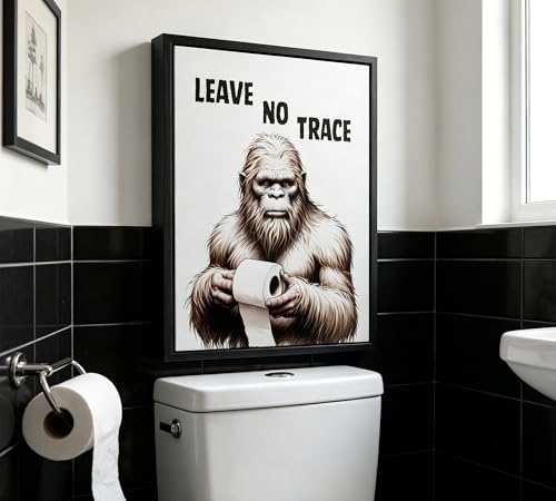 Funny Bigfoot Leave No Trace Wall Art, Black and White Sasquatch with Toilet Paper Framed Canvas Wall Decor, Humorous Bathroom Print for Restroom, Powder Room, Toilet, 8x10 Inch - color: Bigfoot, size: 10"L x 8"W