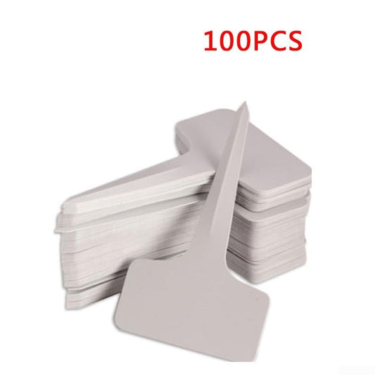 100 Pack Plastic Plant Labels T-Type Garden Markers for Nursery Greenhouse, PVC Weather Resistant Tags with Matte Finish for Writing, Reusable White Colors