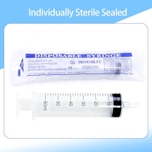 10 Pack 60ml Syringes Without Needle, Sterile & Individually Sealed, Large Plastic Syringes for Liquid, Precise Measuring for Pet Feeding, Scientific Labs & Dispensing - size: 60ml
