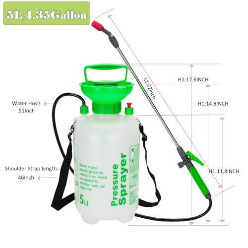 5L Garden Pressure Sprayer, Portable Hand Pump Sprayer for Yard Care | With Adjustable Nozzle & Shoulder Strap, Multi Use Plant Watering Weed Killer Cleaning Sprayer for Garden Household Outdoor - color: 5L-Green