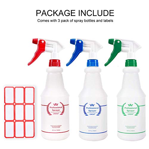 Uineko Plastic Spray Bottles 3 Pack, 24 Oz, Heavy Duty Sprayer, All-Purpose | Chemical Resistant, Mist & Stream, Leak-Proof, Better Trigger, Measurements, for Cleaning Solutions, Planting, Car Detailing - size: 24 Oz, 3 Pack