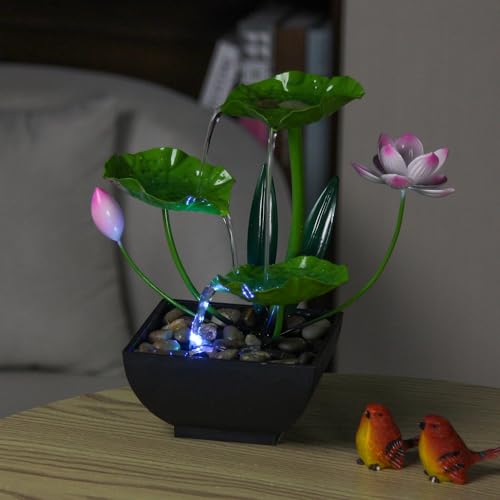Water Fountain Indoor Waterfall Fountain 3-Tier Tabletop Fountain Lotus Desk Relaxation Home Decor Including Lots of Rocks and Soothing Sound Machine (Green 2) - style: Double flow