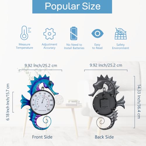 14" Seahorse Outdoor Thermometer No Need Battery | Indoor Wall-Mounted Thermometer, Easy to Read for Patio Garden Living Room Decor - color: Blue Seahorse