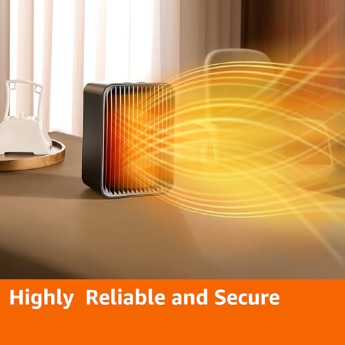 Amazon Basics Portable Ceramic Space Heater, Small Electric Heater for Indoor Use With 3 Heat Settings, Temperature Control, Lightweight (1.7 LBS), 520 w, Black, 5.1"L x 3.5"W x 7"H