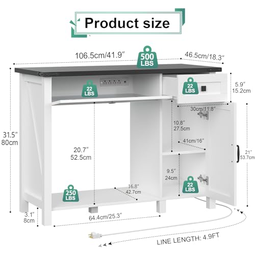 Saudism 40 Gallon Aquarium Stand With Charging Station, Farmhouse Fish Tank Stand, Reptile Tank Stand Terrarium Stand with Drawer and Cabinet Storage, Sturdy Heavy Duty 41.9"×18.3" Tabletop - White - color: White, size: For 40 Gallon Tank