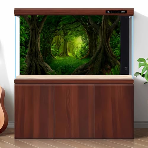 Forest Aquarium Background Lush Green Rainforest Natural Landscape Fish Tank Background Tropical Jungle Forest with Sunbeams Old Trees Reptile Tank Enclosure Backgrounds Wallpaper 24x12in - color: Dark Green, size: 24(W)x12(H)inches/ 60(W)*30cm(H)