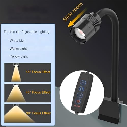 Mini Aquarium Spotlight, Clip-On Gooseneck Lamp, 15°-90° Zoom | Tri-Color White/Warm White/Warm Light, Dimmable 3W USB, 5.2 In Gooseneck, Fits Glass Up To 8mm - color: Black - NO Timer