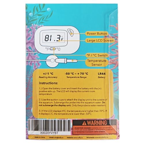 SunGrow Digital Betta Thermometer for Tropical Aquarium Fish, Black Color, Suction Cups and 1 Battery Included, 1 pc per Pack - style: 1 Pack