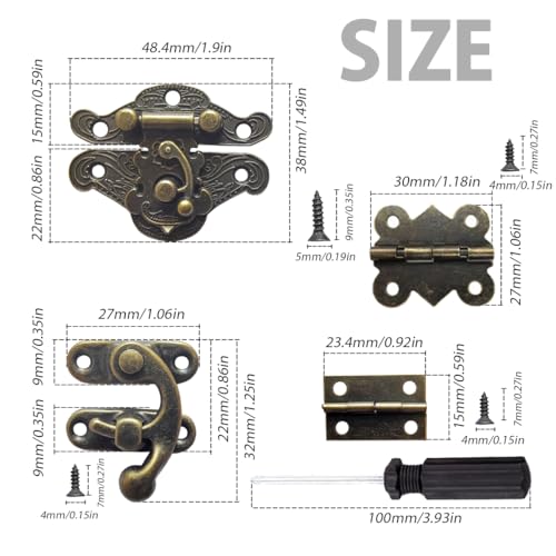 EAEDMY 36 Sets Retro Jewelry Box Hinges and Latches Hardware, Small Bronze Brass Latch Hinges for Wooden Jewelry Box and Decorative Cabinet, with Matching Screws Kit(Catch*12 + Hinges*24) (36)