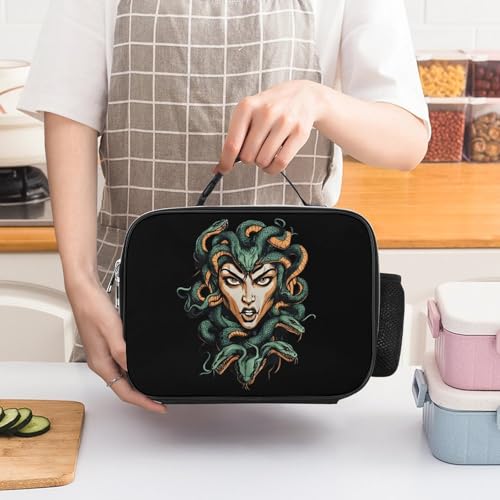 Medusa with Snakes Insulated Lunch Bag Polyester 27x21x9cm | Makeup Storage Tote with Removable Handle and Mesh Side Pocket for Women Men Work Picnic Travel