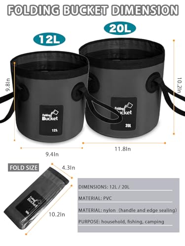 Collapsible Bucket with Handle, Lightweight 5 Gallon 20L | Folding Water Container, Portable Wash Basin for Camping, Fishing, Gardening, Car Washing, and Outdoor Use - color: Black, size: 12L