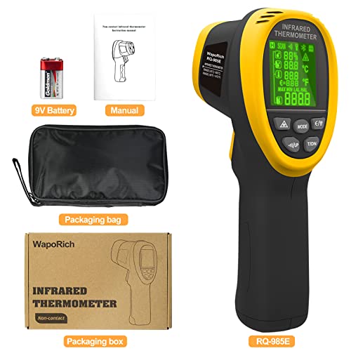 Infrared Thermometer Gun -58℉~1472℉, WapoRich Dual Laser Pyrometer, Non-Contact Digital Temp Gun w/Humidity, Ambient Temp & Dew Point, Temp Alarm for Cooking, BBQ, HVAC【NOT for Human】