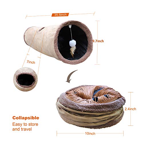 Collapsible Cat Tunnel Pet Play Tube Crinkle Tunnel with Cat Toys,Length 35" Diameter 9.7" - color: Brown, size: 35 inch