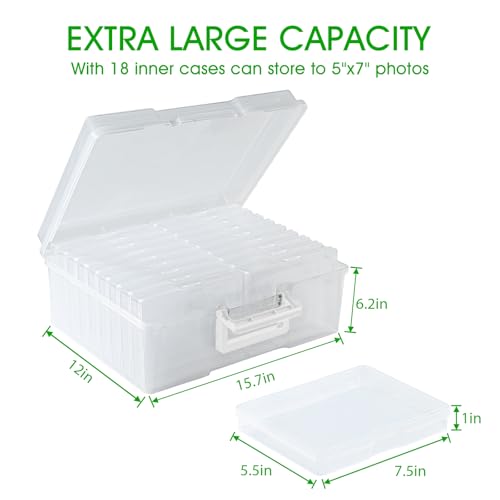 Photo Storage Box 5 x 7 Inches, 18 Inner Extra Large Photo Boxes with Dividers, Clear Acid-Free Photo Storage Container with Handle, Photo Organizer Craft Keeper for Photo, Craft, Seend, Stamp - color: Clear