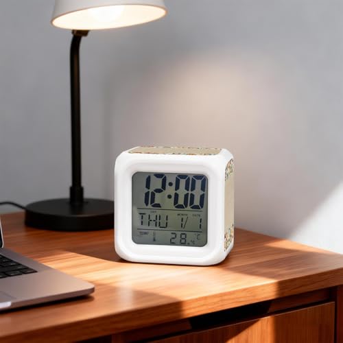 Colored Rings Alarm Clock, Abstract Retro Colorful Ring Linen Texture Digital Clock Night Light with 7 Color, Calendar Temperature Display, NightLight Clock for Bedroom, 3.2x3.2in - color: Brown, Rust, Teal