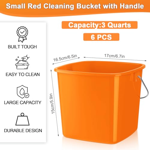 Zhehao 6 Pcs 3 Quart Bucket for Cleaning Small Sanitizer Bucket for Restaurant Square Plastic Pail with Handles for Home, Offices, Commercial Use, Food Service(Orange) - color: Orange