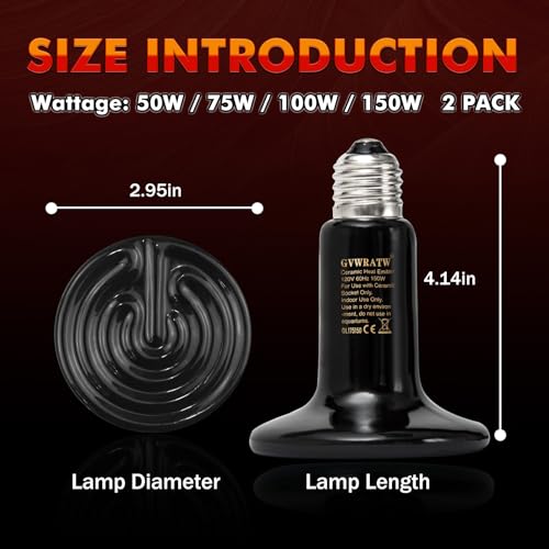 75W Reptile Heat Lamp, Ceramic Heat Emitter (2 Packs 0.25 inch-75mm) - E26 for Terrariums, Turtle, Lizard, Bearded Dragon, Snake, Reptiles, Amphibian, Pet Brooders, Chicken Incubation - color: 75 Watt, size: 75 mm