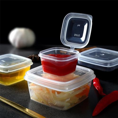 MIUPOO Leak Proof Square Sauce Cup,Plastic Souffle Cups,Disposable Clear Leak Proof Sauce Cup With Hinged Lid,Used for Various Sauces,Food Samples,Storage Crafts,1 OZ,100 Pieces