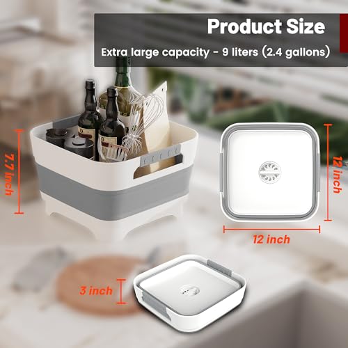 MontNorth 2.4 Gal Collapsible Wash Basin with Drain Plug, 9L, Gray | Portable foldable sink for camping, RV, soaking baby bottles, vegetable washing, ice beverage storage - color: Gray