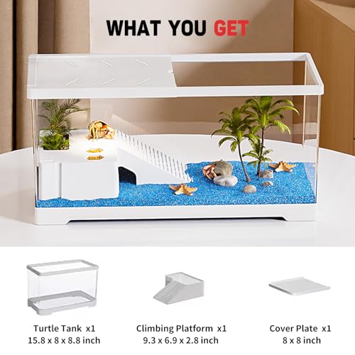 Turtle Fish Tank with Basking Platform and Bottom Drainage, 15.8" x 8" x 8.8" Aquatic Turtle Tank for Juvenile Turtle, Crayfish, Crabs, Amphibians, Reptiles, PC Material, White Color - size: 15.8" x 8" x 8.8"