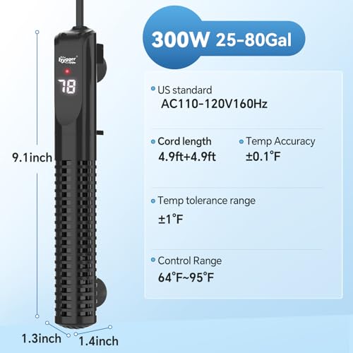 hygger Ceramic Submersible Aquarium Heater, New Explosion-Proof Fish Tank Water Heater with External Temp Controller Auto Thermostat Heater for Saltwater Freshwater (300W for 25~80 Gallon) - size: 300W for 25~80 gallon