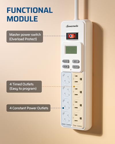 DEWENWILS 8-Outlet Power Strip with Timer for Reptile Light, 15A, UL Listed | 4 Timed/4 Always On,14/3 AWG Cord,Digital Timer Outlet for Turtle Grow Light Indoor Bearded Dragon Tank Accessory Aquarium